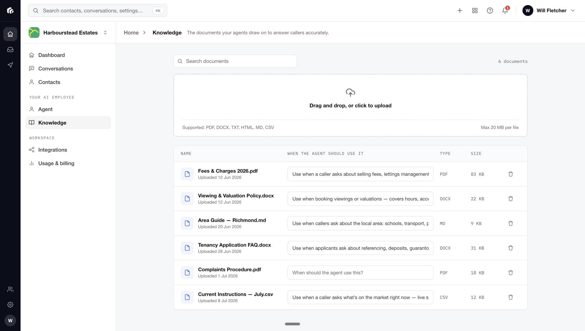 Everything Nesti knows about your agency: the details you give it, each with a note on when the receptionist should use it