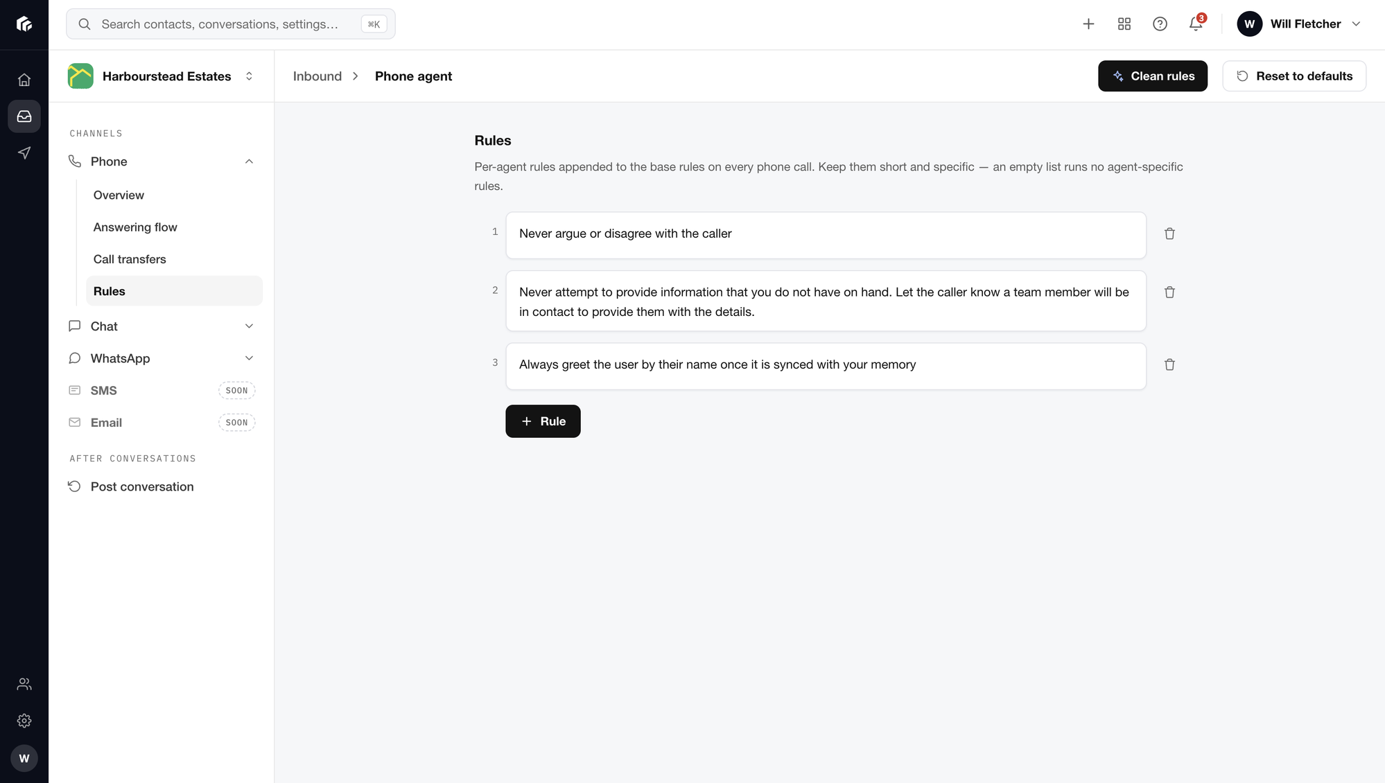 Per-agent rules in Nesti, written in plain English and followed on every call