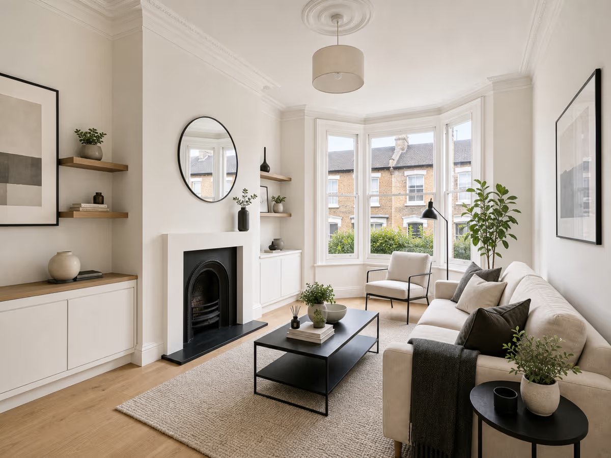 Staged living room at 14 Harbour Mews, bay window and period fireplace