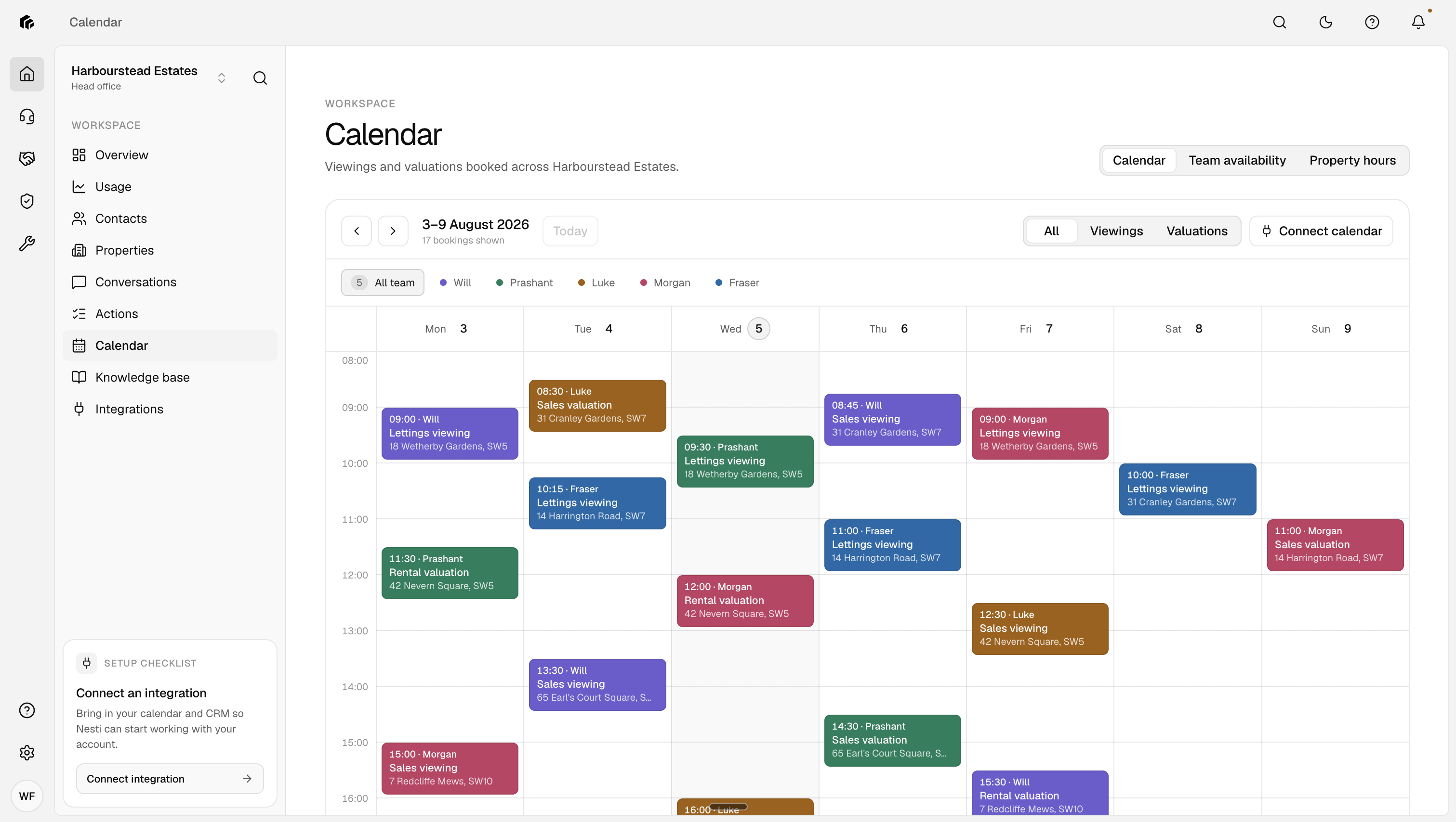 The Nesti calendar: viewings and valuations booked across the whole team, colour-coded per negotiator