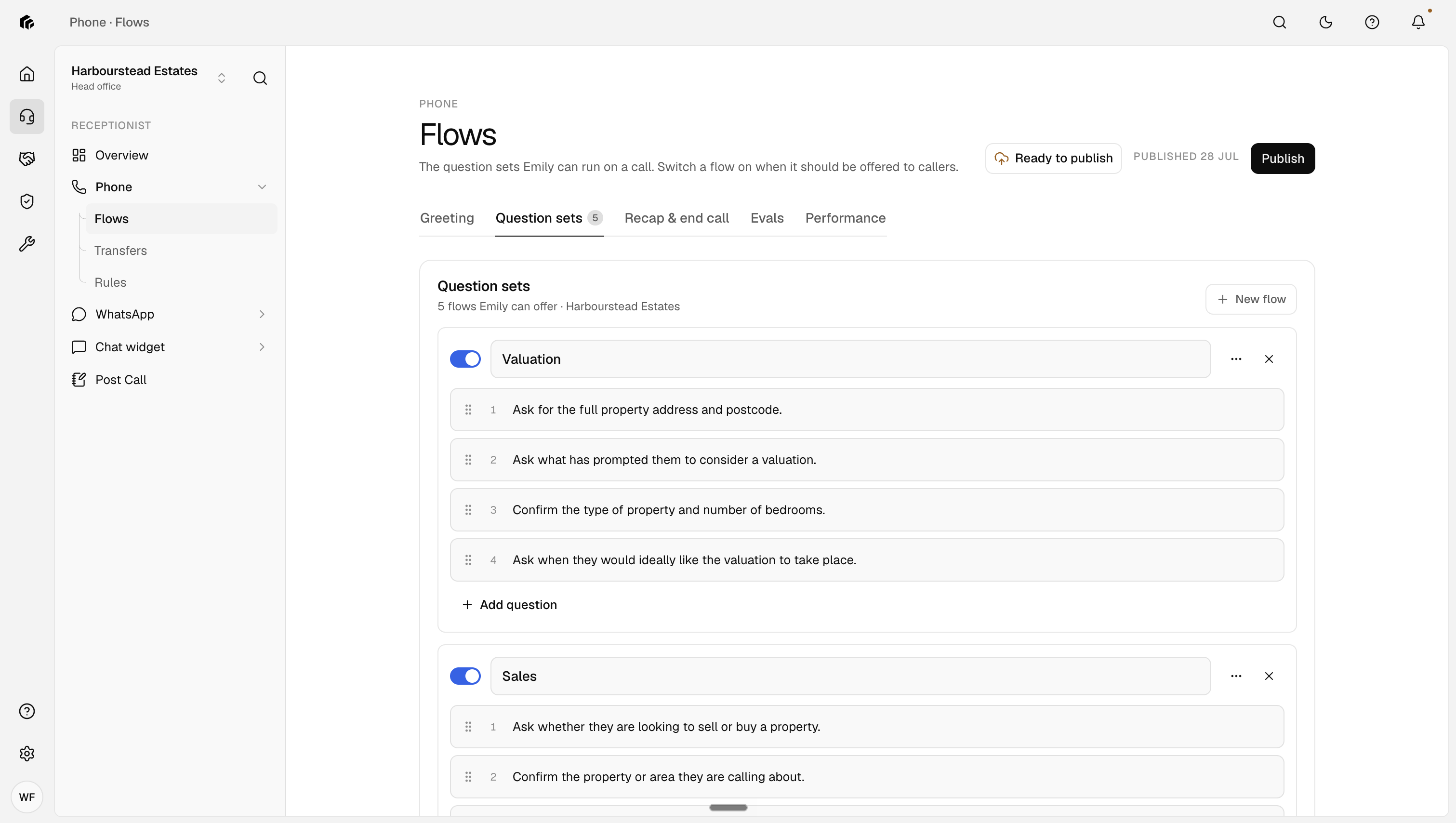Your call script in Nesti: the question sets Emily runs on a call, switched on per enquiry type