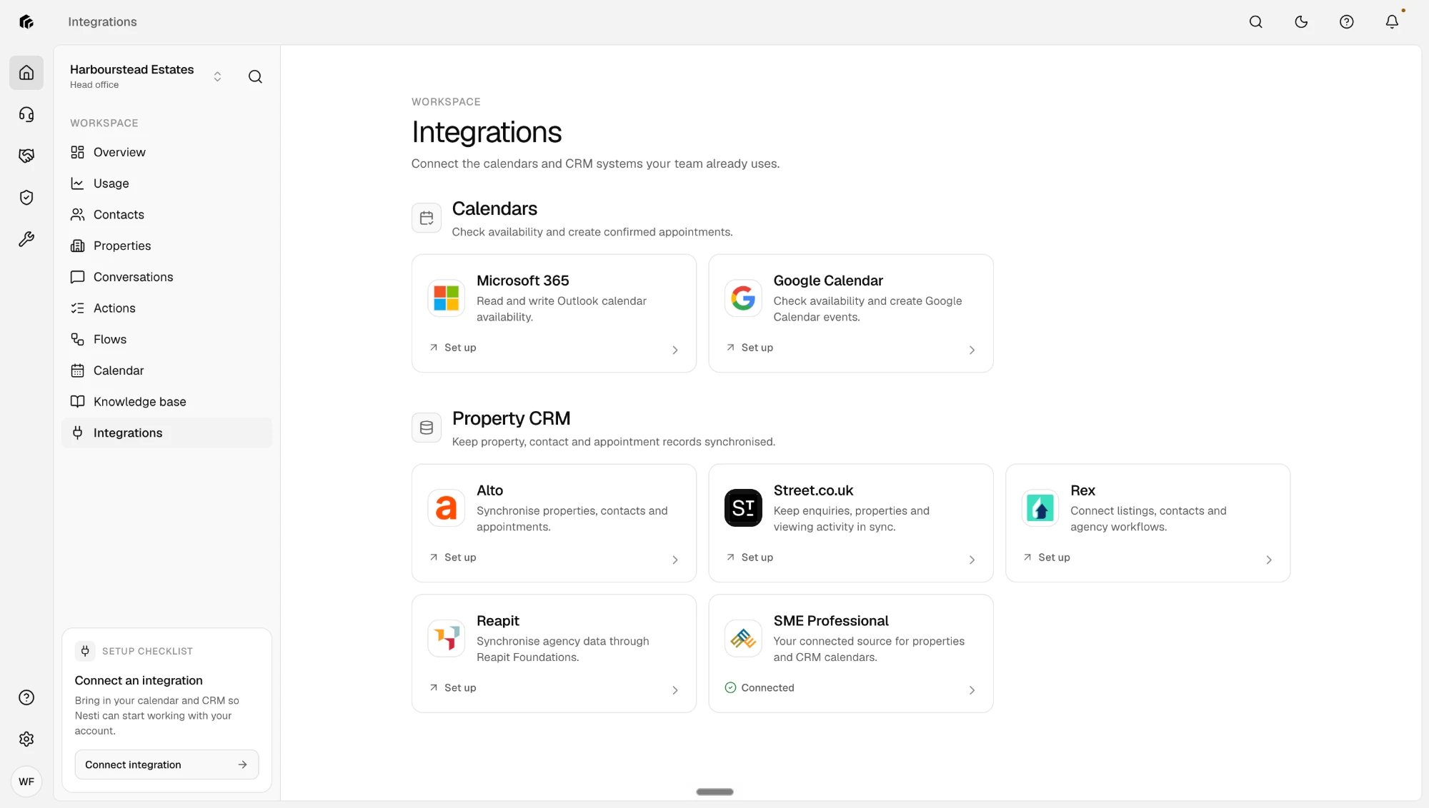 Nesti integrations: the calendars and property CRMs it connects to, with SME Professional connected