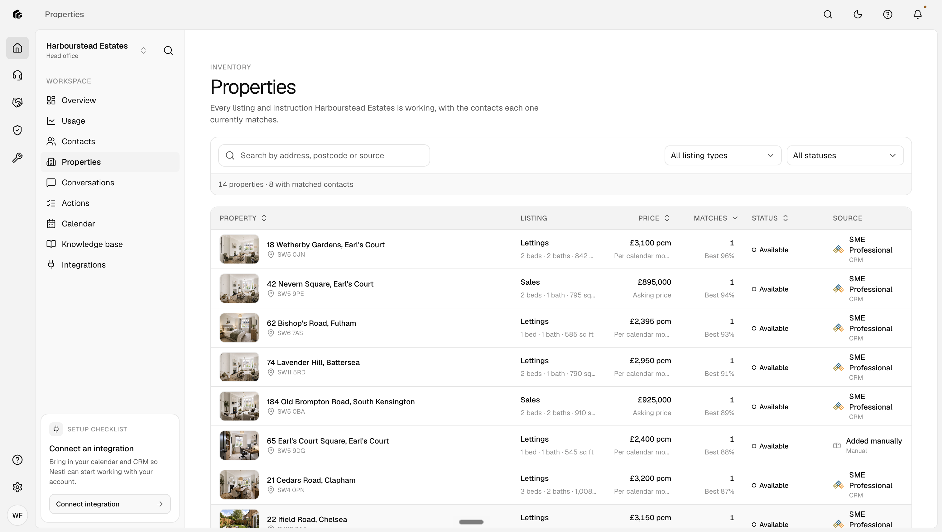 Your live stock in Nesti: every listing with photos, price, matches and status, straight from your CRM