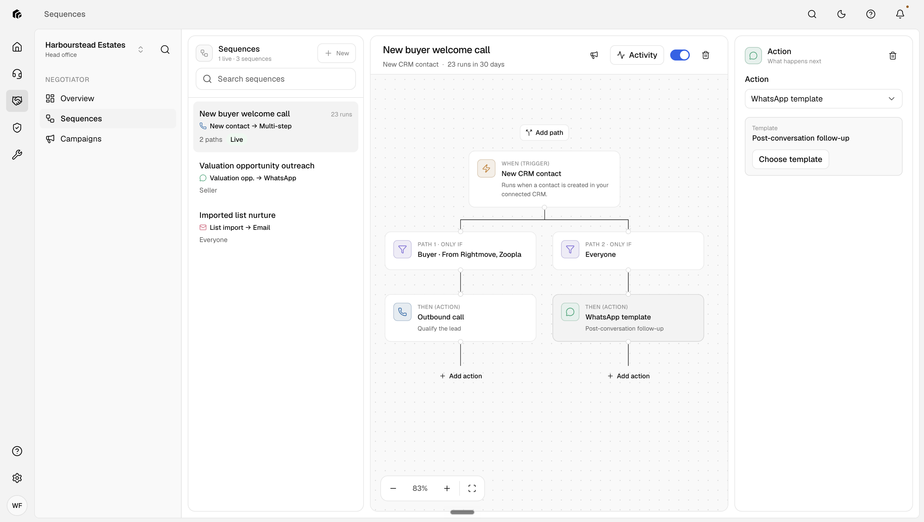 A nurture campaign in Nesti: what starts it, paths for different contacts, and call and WhatsApp steps
